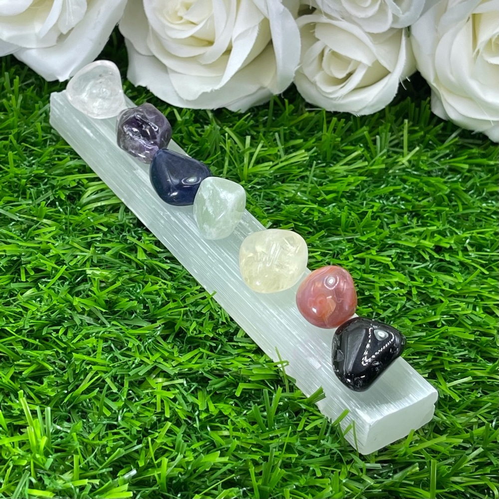 Selenite Charging Plate with 7 Chakra Crystals